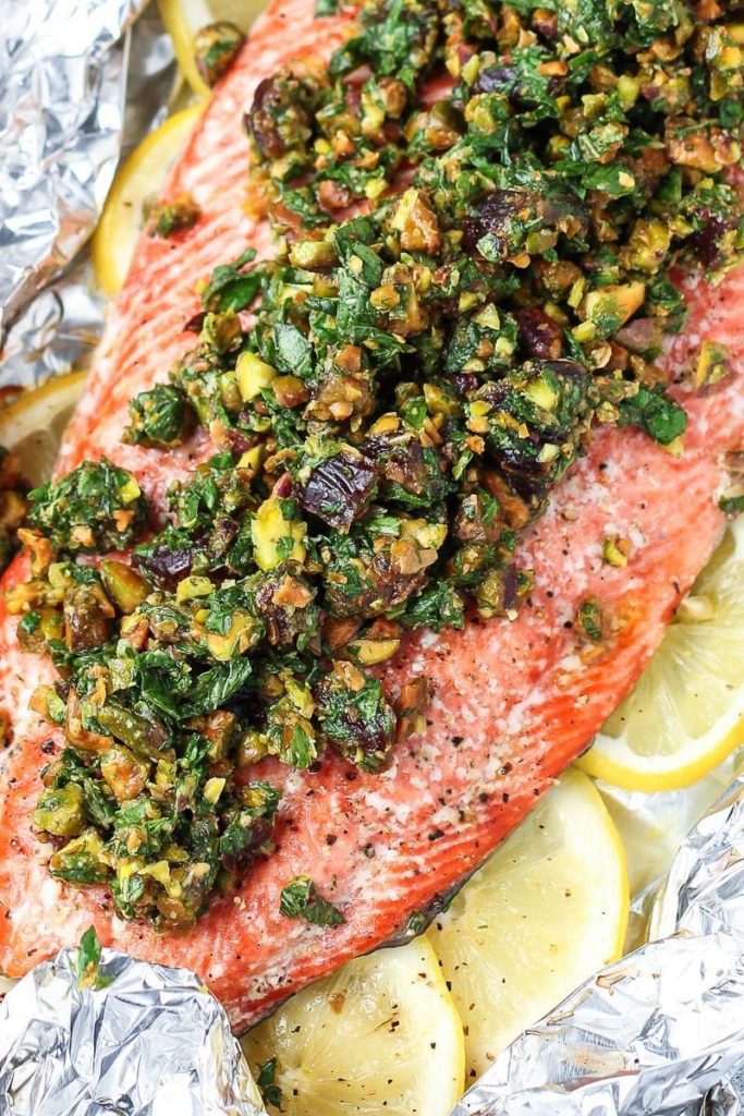 Baked Salmon With Pistachio Pomegranate