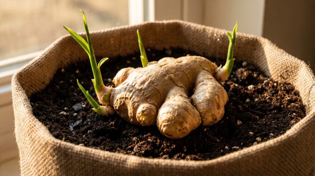 A fresh ginger rhizome sprouting green shoots in rich, dark potting soil. A fresh ginger rhizome sprouting green shoots in rich, dark potting soil.