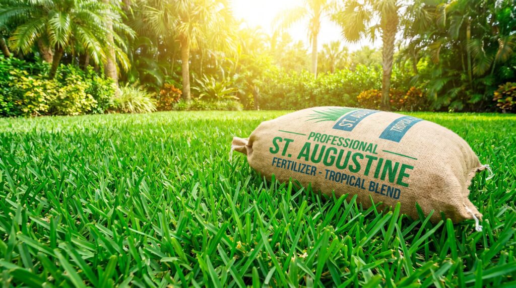 A lush, dark green St. Augustine lawn with a bag of premium fertilizer in the foreground. A lush, dark green St. Augustine lawn with a bag of premium fertilizer in the foreground.