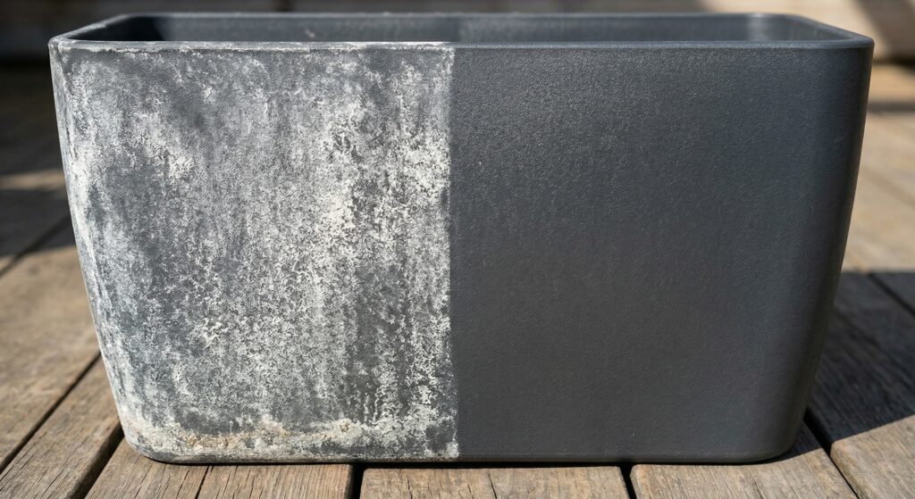 A dynamic side-by-side visual comparison of a dark plastic planter heavily covered in white hard water stains on the left, and a clean, dark, restored surface on the right, demonstrated outdoors in the sunlight. A dynamic side-by-side visual comparison of a dark plastic planter heavily covered in white hard water stains on the left, and a clean, dark, restored surface on the right, demonstrated outdoors in the sunlight.