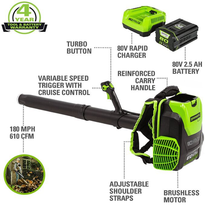 Greenworks Pro 80V 180 MPH 610 CFM Cordless Backpack Leaf Blower