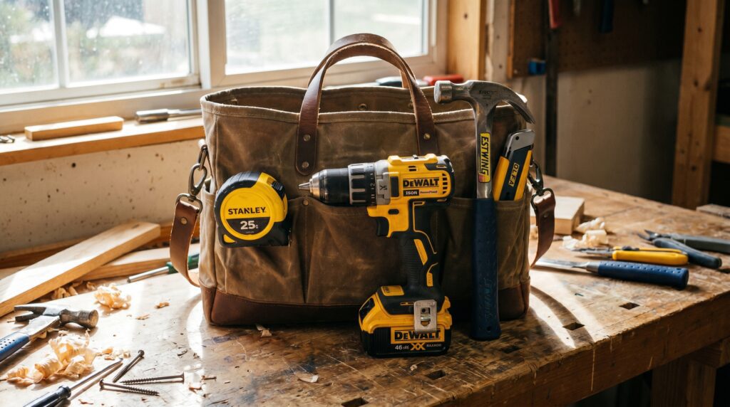 An open tool bag filled with essential hand tools for basic home repairs. An open tool bag filled with essential hand tools for basic home repairs.