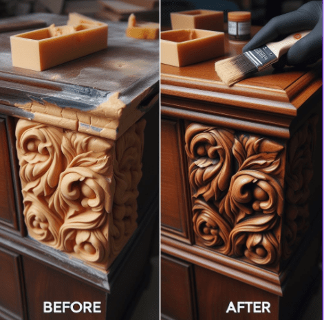 Before and after photos of a repaired piece of furniture