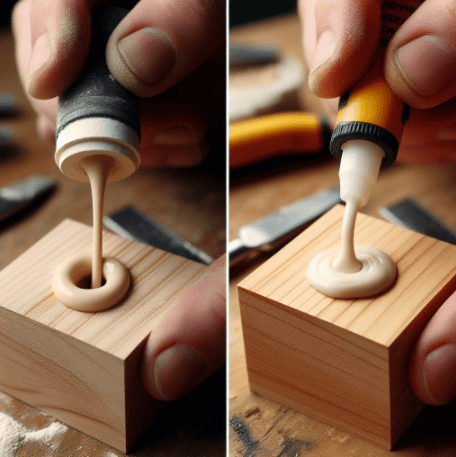 Two side by side photos showing wood putty and wood filler being applied to a small hole