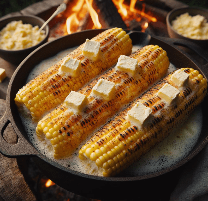 Buttery Horseradish Corn on the Cob Cooking Over a Wood Burning Fire Pit