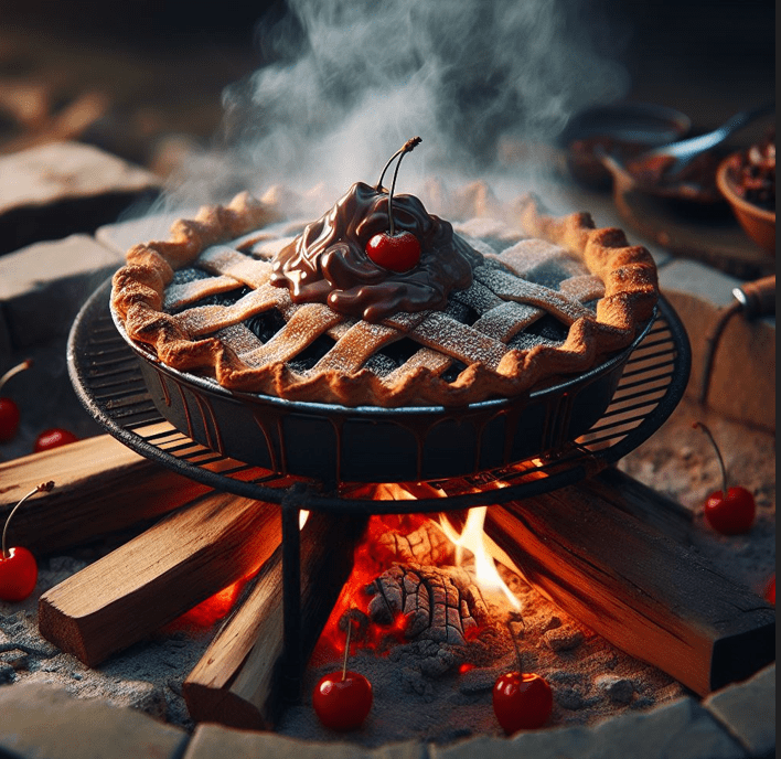 Cherry Chocolate Pudgy Pie Cooking Over a Wood Burning Fire Pit