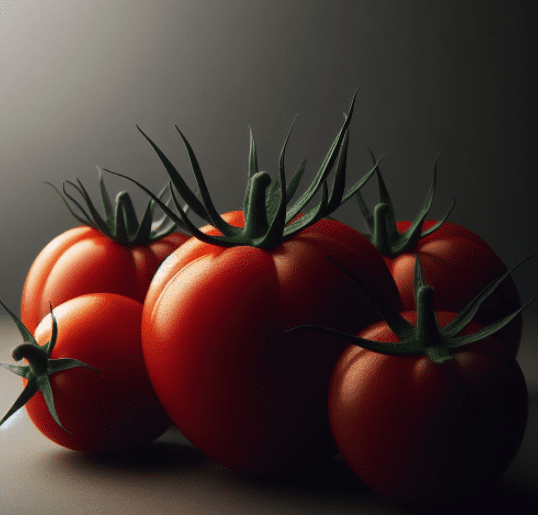 Close up of several Roma tomatoes with their characteristic elongated shape and deep red color