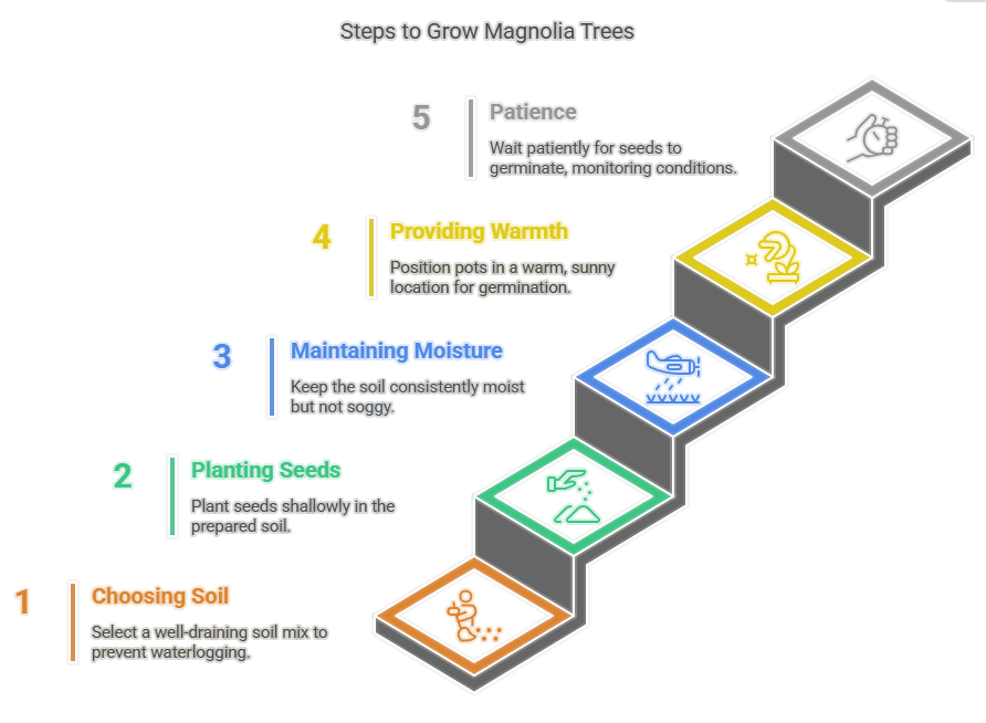 Steps to Grow Magnolia Trees A seedling magnolia tree sprouting from the soil in a small pot