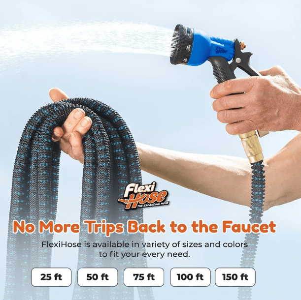 Flexi Hose Expandable Garden Hose with 8 Function Nozzle, 100FT - Lightweight Retractable Garden Hose, Water Hose - No-Kink Flexibility, 3/4 Inch Solid Brass Fittings and Double Latex Core Flexi Hose Expandable Garden Hose with 8 Function Nozzle, 100FT