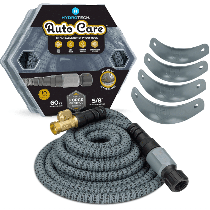 Hydrotech 60 ft Garden Hose – Patented Force Control, Burst-Proof, Lightweight, Flexible, No-Kink Design, 5/8", 4 Tire Hose Guides, Ideal for Car Wash & Automotive Care Hydrotech 60 ft Garden Hose