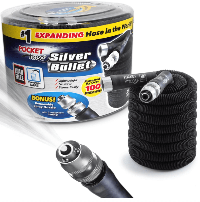Pocket Hose Silver Bullet 50 ft Turbo Shot Nozzle Multiple Spray Patterns Expandable Garden Hose 3/4 in Solid Aluminum Fittings Lead-Free Lightweight and No-Kink,Black Pocket Hose Silver Bullet 50 ft Turbo Shot Nozzle Multiple Spray Patterns Expandable Garden Hose