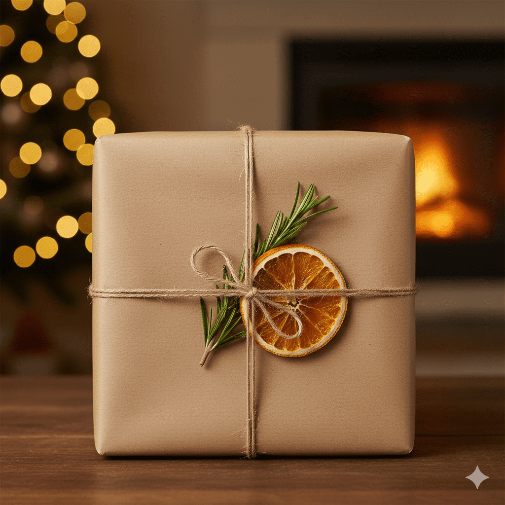 An eco-friendly wrapped Christmas gift using brown kraft paper, twine, and natural decorations like rosemary and a dried orange slice An eco-friendly wrapped Christmas gift using brown kraft paper, twine, and natural decorations like rosemary and a dried orange slice