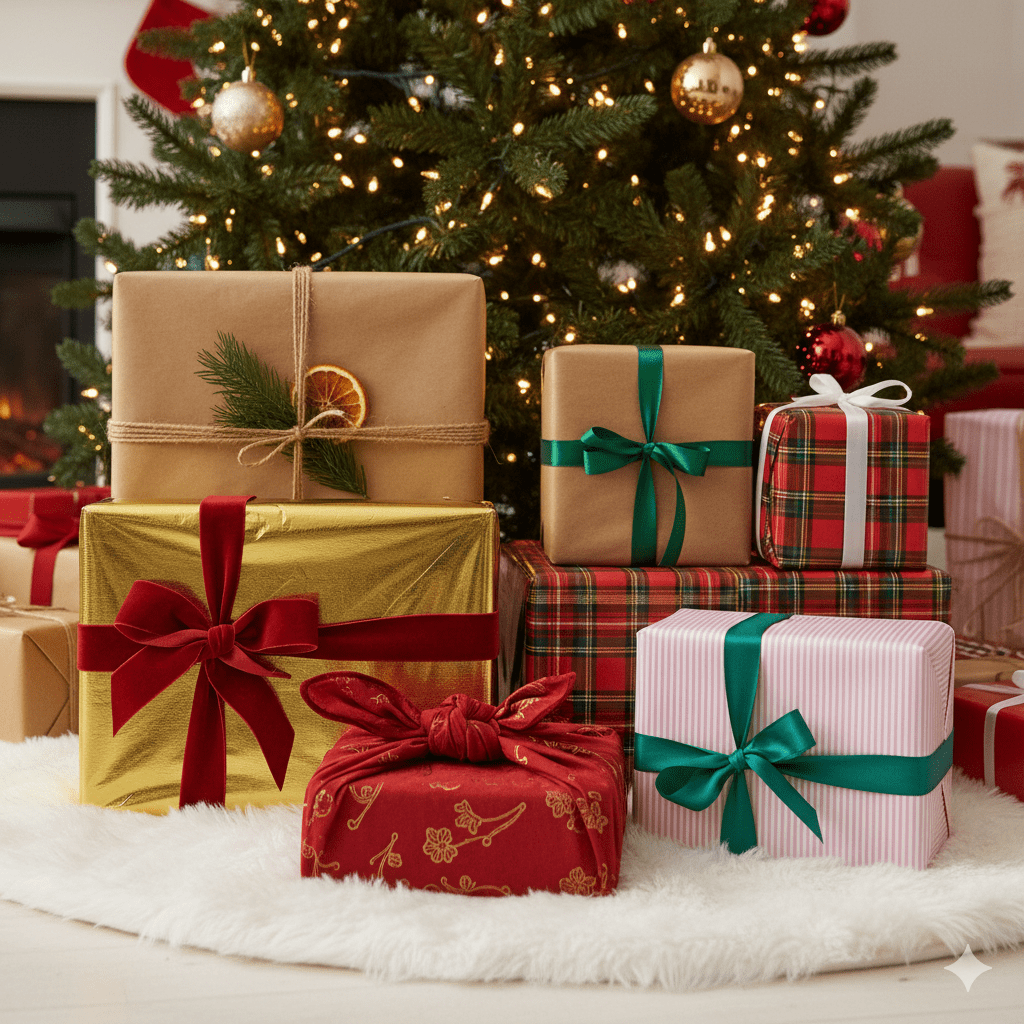 A variety of creatively wrapped Christmas presents, showcasing different papers, ribbons, and natural embellishments under a Christmas tree A variety of creatively wrapped Christmas presents, showcasing different papers, ribbons, and natural embellishments under a Christmas tree