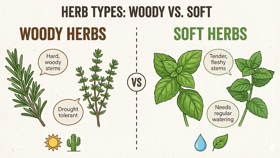 Herb Planting Diagram Diagram showing woody herbs like rosemary versus soft herbs like basil