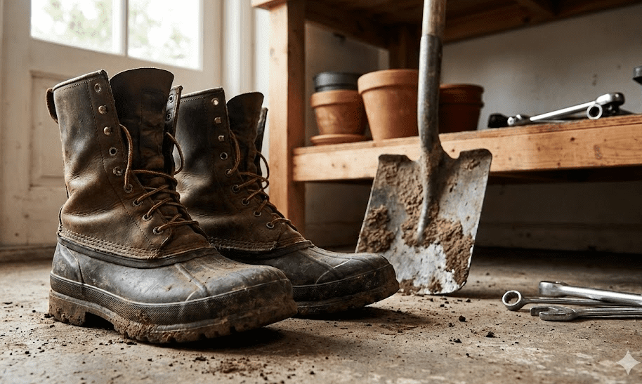 Heavy-duty muddy gardening boots on a workshop floor next to a steel shovel and wrenches Heavy-duty muddy gardening boots on a workshop floor next to a steel shovel and wrenches