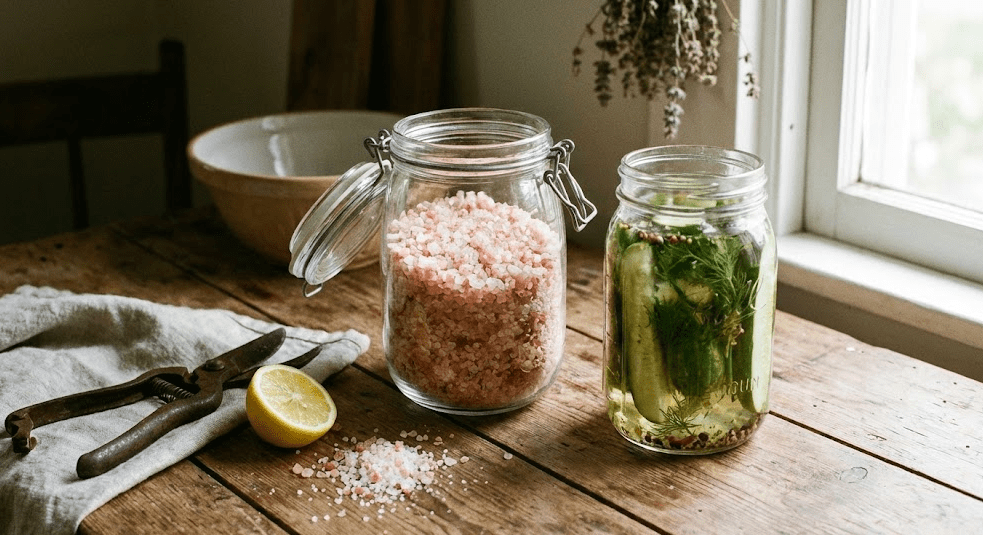 Pink Himalayan Salt Guide Jar of pink Himalayan salt next to homemade pickles