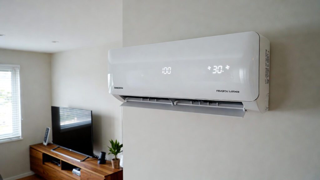 Modern power efficient inverter air conditioner mounted in a living room