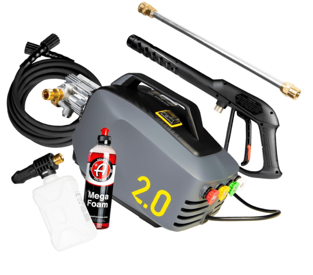 The Active 2.0 electric pressure washer producing thick snow foam from a foam cannon onto a car. Chosen as the best unit for auto detailing due to high GPM flow.