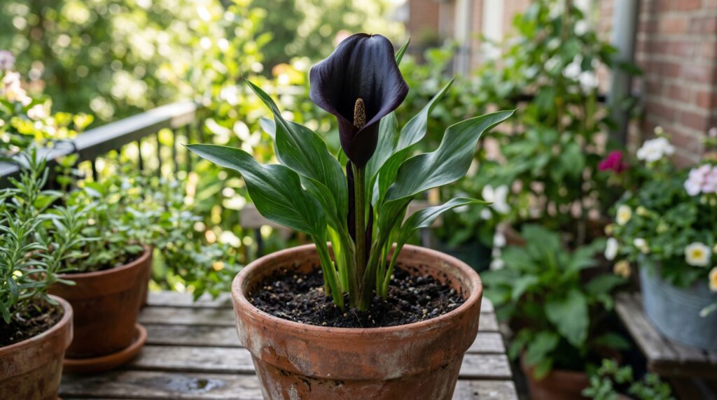 A dynamic black calla lily flower blooming in a pot A dynamic black calla lily flower blooming in a pot