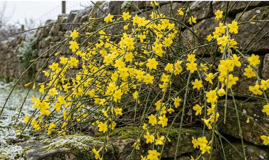 Bright yellow winter jasmine flowers blooming on bare green stems Bright yellow winter jasmine flowers blooming on bare green stems