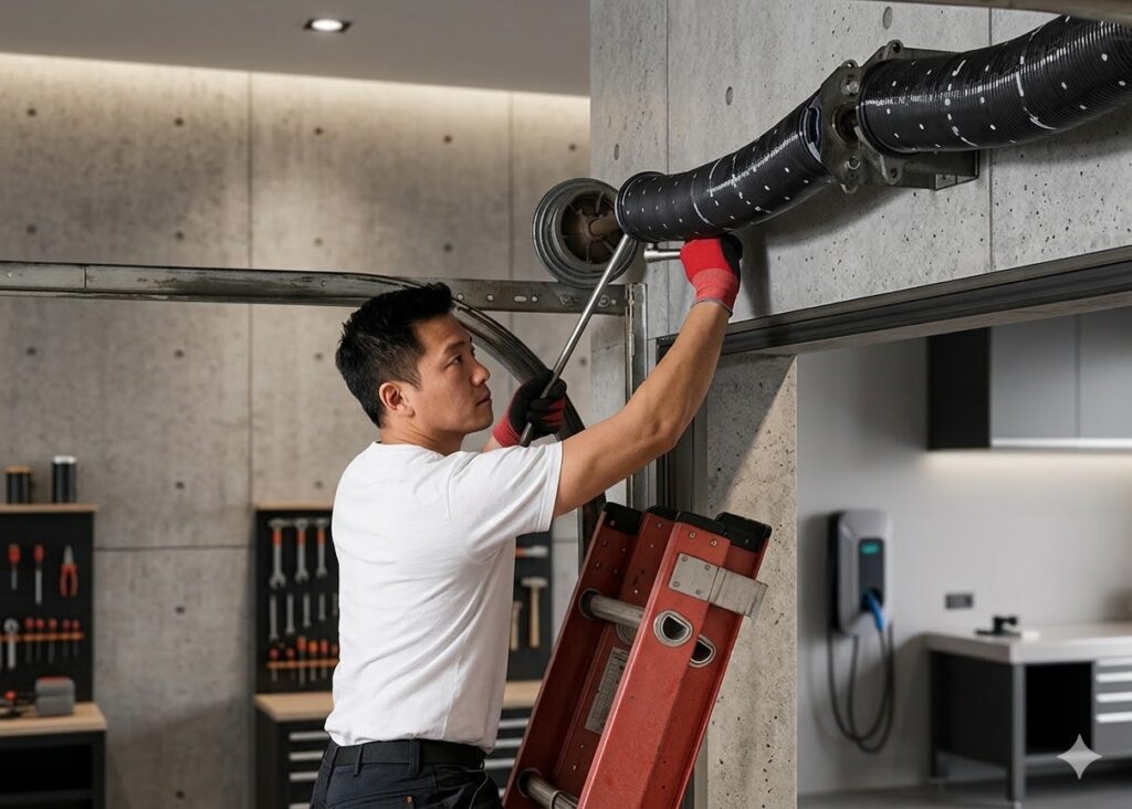 A professional technician on a ladder repairing a garage door torsion spring in a modern, organized workshop