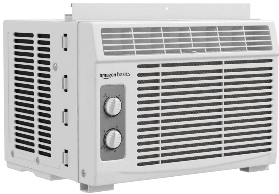 Amazon Basics 5,000 BTU cheap window air conditioner with mechanical controls.