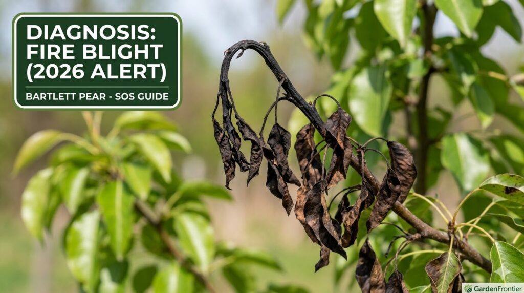 Bartlett pear branch with severe Fire Blight symptoms, showing blackened leaves and a hooked tip in a spring orchard (2026 SOS Guide).