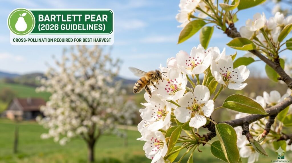 Honeybee pollinating a cluster of Bartlett pear blossoms with pollen visible, showing why cross-pollination partners are required for a heavy harvest.