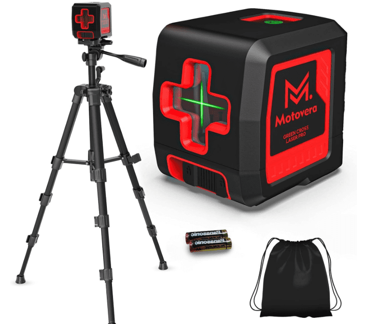 Compact Motovera green cross-line laser level mounted on the included aluminum tripod