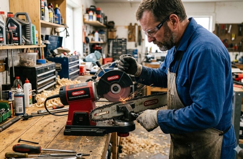 A person wearing safety glasses and gloves sharpening a chainsaw chain using a professional bench-mounted electric grinder in a woodworking shop
