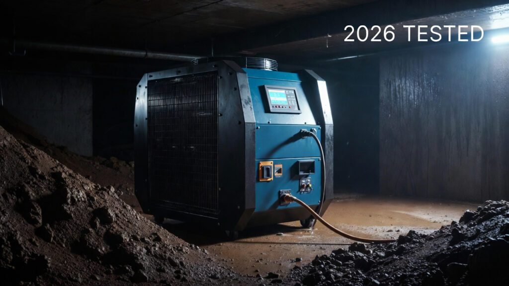 A heavy-duty commercial dehumidifier operating in a damp crawl space, representing the top industrial water restoration equipment tested in 2026.