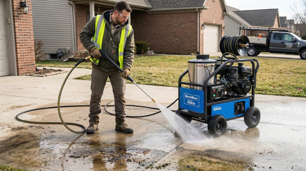 Contractor using a heavy-duty commercial pressure washer to clean a concrete driveway