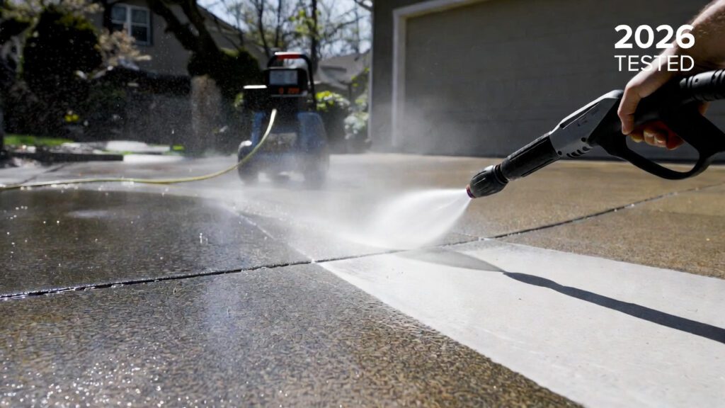 A homeowner using a powerful electric pressure washer to clean a dirty concrete driveway, showcasing the massive cleaning power of the best 2026 models.