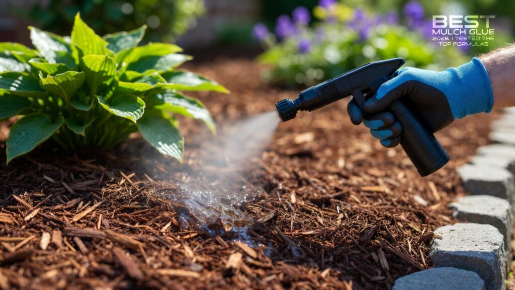 A landscaper spraying the best mulch glue on fresh wood chips to prevent washout and blowaway in a residential yard.