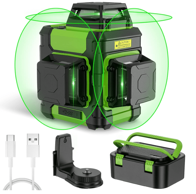 Huepar LS04CG green beam 3x360 self-leveling laser level projecting bright lines on room walls