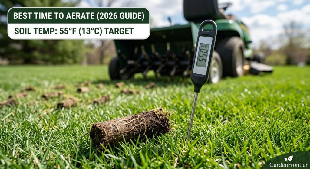 A soil thermometer probe inserted into a spring lawn showing a reading of 55°F (13°C), indicating the correct target temperature for core aeration in 2026