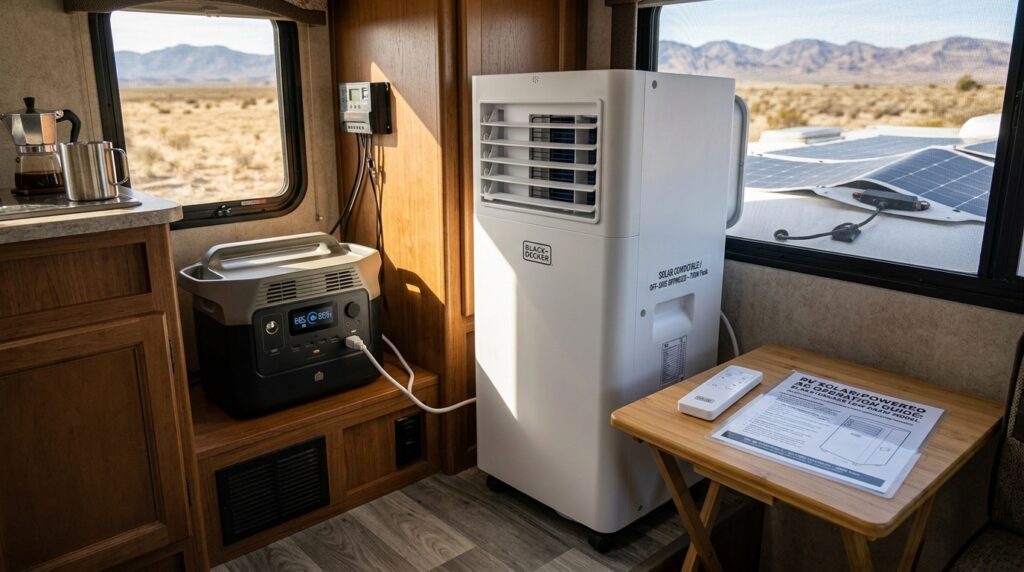 Black and Decker low wattage portable air conditioner connected to a portable power station inside a compact RV Black and Decker low wattage portable air conditioner for RV and solar off-grid use
