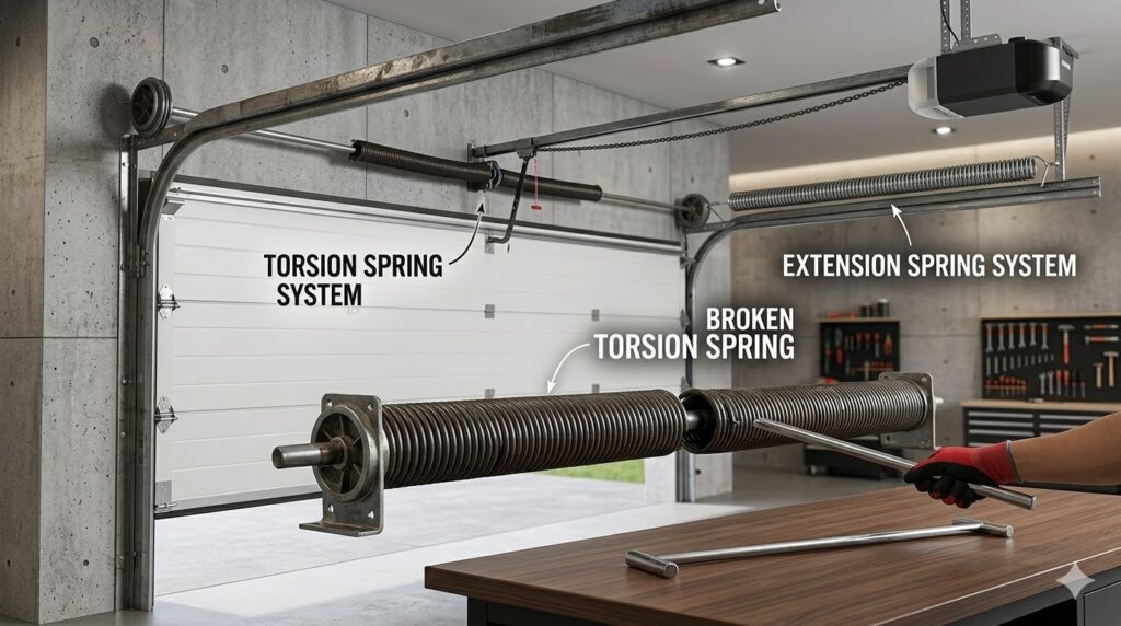 A close-up view of a broken garage door torsion spring on a modern white sectional door with winding bars shown