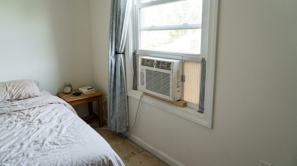 Small cheap window air conditioner under $100 installed in a bedroom.