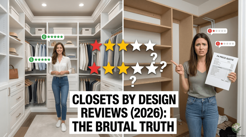 A split image showing custom closets. On the left, a frustrated woman looks at an expensive quote and raw particleboard. On the right, a smiling woman enjoys a beautiful, organized white melamine closet. Central text says 'CLOSETS BY DESIGN REVIEWS (2026): The Brutal Truth'. Mixed 1-star and 5-star review icons float around.
