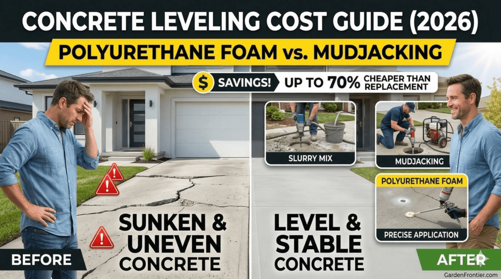 A before and after comparison showing a homeowner with a sunken concrete driveway, and the methods used to fix it including mudjacking and polyurethane foam injection costs in 2026.