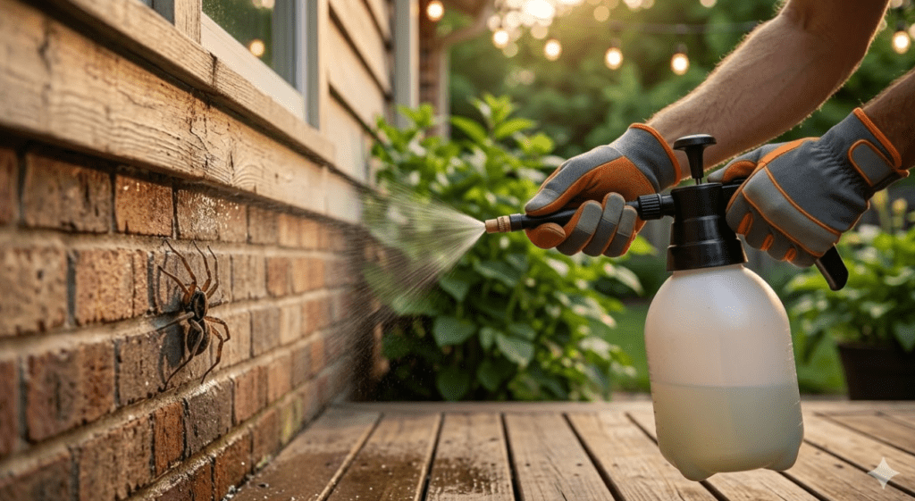 A close-up of a homeowner wearing protective gloves applying a perimeter pest control spray around a brick foundation at dusk, creating a chemical barrier against spiders. A detailed wolf spider model is visible on the wall, illustrating effective DIY elimination.
