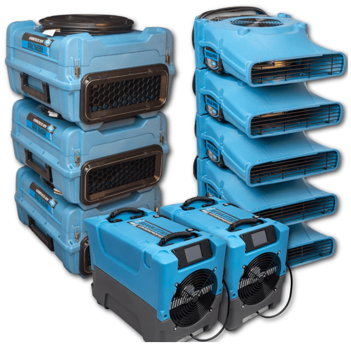 The massive Dri-Eaz commercial water restoration fleet bundle, including one LGR dehumidifier, five Velo PRO air movers, and a HEPA 700 scrubber for large-scale flood mitigation.