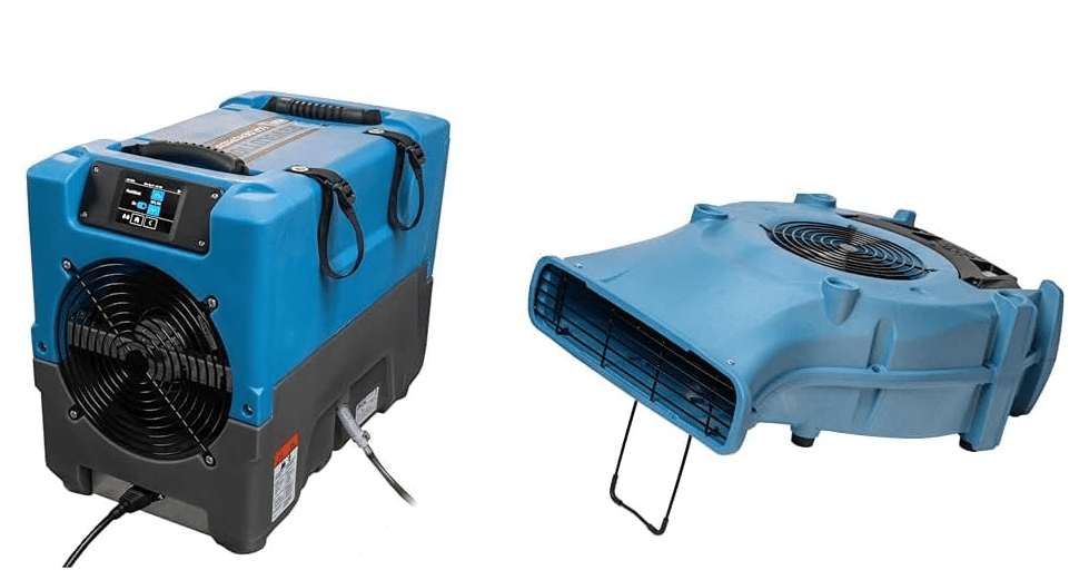 A professional water damage restoration setup featuring the compact Dri-Eaz Revolution LGR dehumidifier paired with a Velo PRO high-velocity air mover, drying a flooded structure