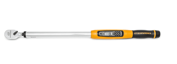 A GearWrench 85077 Flex-Head Digital Torque Wrench angled within a tight suspension component space on a truck. Highlights the 180-degree flex head feature