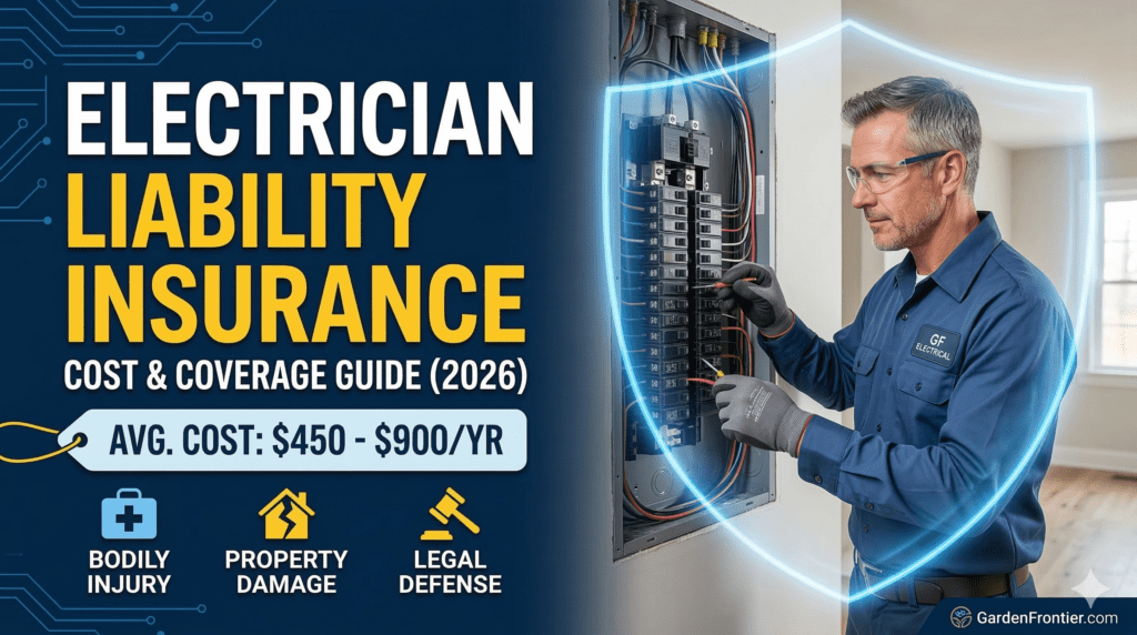 A split featured image showing an electrician confidently wiring an electrical panel on the right with a blue protective shield, and bold text on the left highlighting Electrician Liability Insurance Cost and Coverage Guide (2026). Icons show Bodily Injury, Property Damage, and Legal Defense coverage. Prices: $450-$900/year