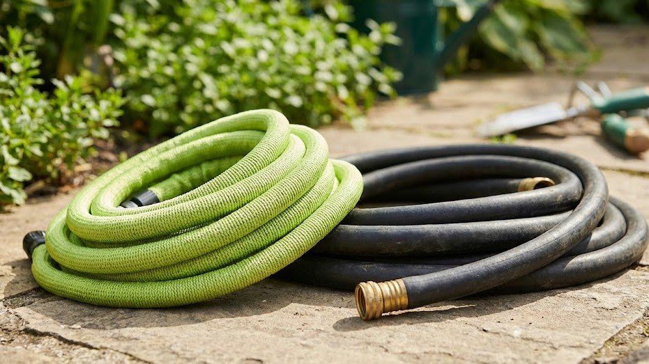 A lightweight green expandable garden hose placed next to a heavy black traditional rubber hose on a stone patio