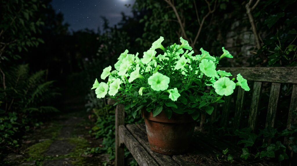 Firefly Petunia glow-in-the-dark flower glowing brightly with a soft green light at night.