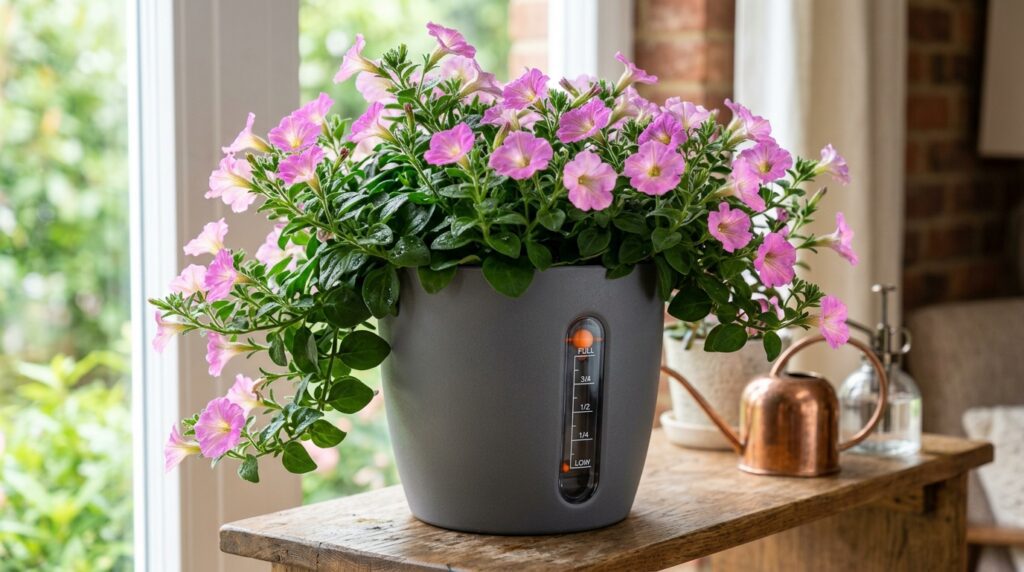 Firefly Petunia healthy and hydrated in a modern self-watering planter pot with a visible water level indicator.