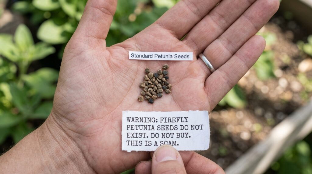 Closup of standard petunia seeds on a hand, warned as a common scam since you cannot buy Firefly Petunia seeds.